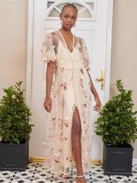 sister jane Beloved Embroidered Maxi Dress – romantic floral sheer-overlay occasion dresses with puff sleeves