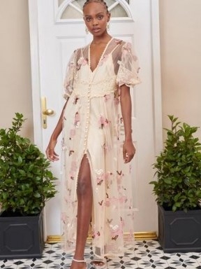 sister jane Beloved Embroidered Maxi Dress – romantic floral sheer-overlay occasion dresses with puff sleeves - flipped