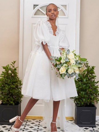 sister jane Aurelie Oversized Midi Dress – ivory ruffle trim voluminous dresses – romantic occasion fashion - flipped