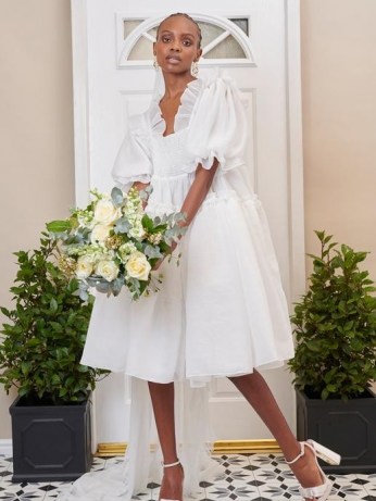 sister jane Aurelie Oversized Midi Dress – ivory ruffle trim voluminous dresses – romantic occasion fashion