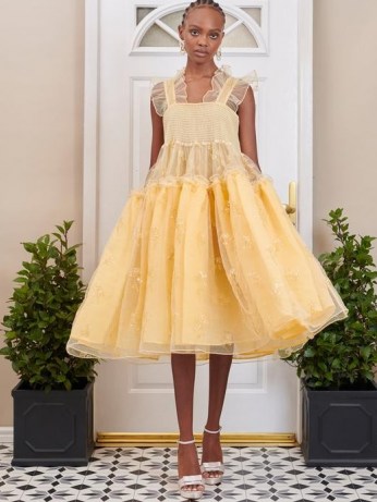 sister jane DREAM Juliet Sequin Midi Dress – yellow ruffled flared hem occasion dresses - flipped