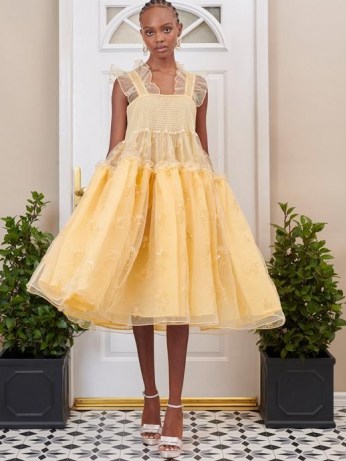 sister jane DREAM Juliet Sequin Midi Dress – yellow ruffled flared hem occasion dresses