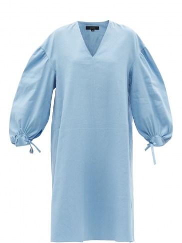 JOSEPH Duna balloon-sleeve linen-blend dress | blue volume sleeved summer dresses - flipped