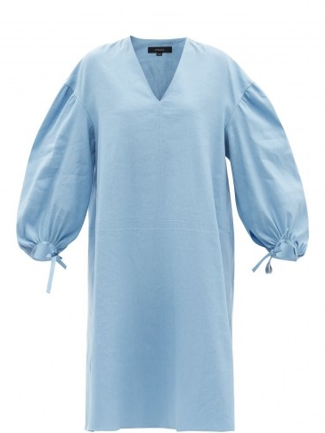 JOSEPH Duna balloon-sleeve linen-blend dress | blue volume sleeved summer dresses