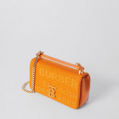 BURBERRY Small Horseferry Linen Cotton Canvas Lola Bag Deep Orange / vibrant top handle bags with chain shoulder strap