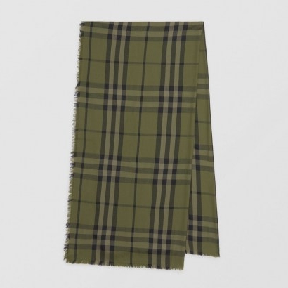 BURBERRY Check Cashmere Jacquard Scarf Military Green / checked scarves