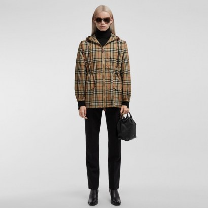 BURBERRY Vintage Check Recycled Polyester Hooded Jacket / checked jackets with gathered waist and hood - flipped