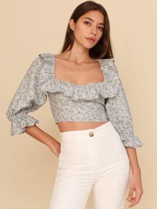 REFORMATION Edgewater Linen Top / floral ruffled crop tops - flipped