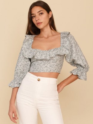 REFORMATION Edgewater Linen Top / floral ruffled crop tops