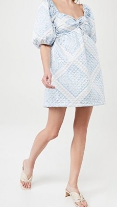 En Saison Quilted Scarf Print Dress in Blue | smocked dresses with sweetheart neckline
