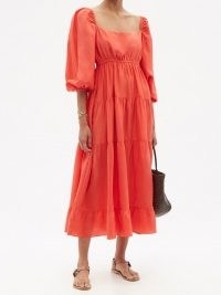 ANAAK Fannie tiered silk-habotai midi dress in orange ~ bright square-neck balloon-sleeve peasant style summer dresses