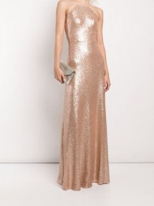 Marchesa Notte Bridesmaids Varenna sequin-embellished gown / sequinned spaghetti strap gowns in rose gold