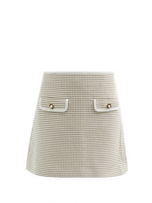 SELF-PORTRAIT Faux-pearl button checked-twill mini skirt / cream and black check skirts - flipped