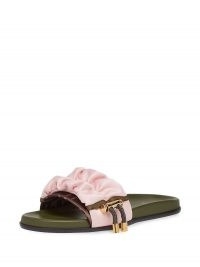 Fendi pink and green wide-band flat ruched slides
