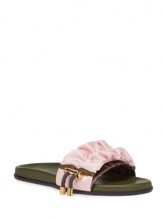 Fendi pink and green wide-band flat ruched slides - flipped