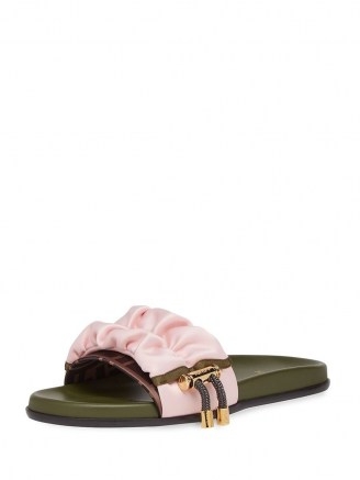 Fendi pink and green wide-band flat ruched slides