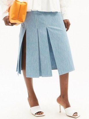 FENDI FF-embroidered cotton-chambray skirt ~ side split skirts ~ lightweight-denim - flipped