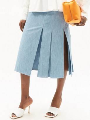 FENDI FF-embroidered cotton-chambray skirt ~ side split skirts ~ lightweight-denim