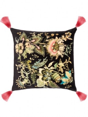 HOUSE OF HACKNEY Flora Fantasia large cotton-velvet cushion in black ~ tasseled cushions ~ luxury soft furnishings
