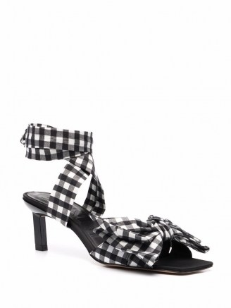 GANNI bow-detail seersucker sandals – check print ankle-tie square toe sandal - flipped