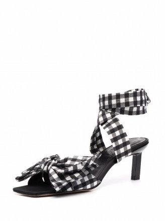 GANNI bow-detail seersucker sandals – check print ankle-tie square toe sandal