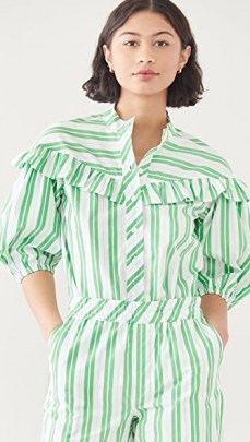 GANNI Stripe Cotton Shirt Kelly Green