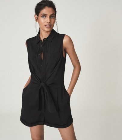 REISS GEMMA PLAYSUIT WITH SELF TIE BOW DETAIL BLACK ~ sleeveless shirt inspired tie waist playsuits - flipped