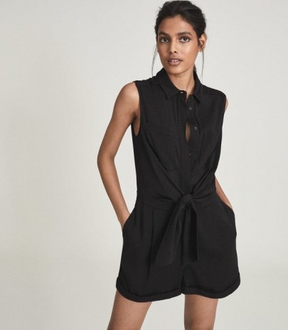 REISS GEMMA PLAYSUIT WITH SELF TIE BOW DETAIL BLACK ~ sleeveless shirt inspired tie waist playsuits