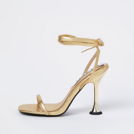 RIVER ISLAND Gold strappy flared heel sandals / metallic ankle tie high heels - flipped
