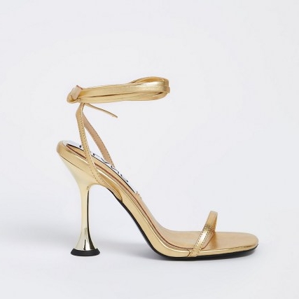 RIVER ISLAND Gold strappy flared heel sandals / metallic ankle tie high heels