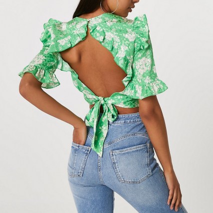RIVER ISLAND Green floral open back frill top ~ ruffled crop tops - flipped