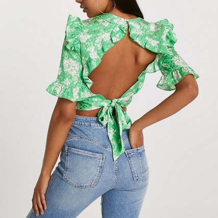 RIVER ISLAND Green floral open back frill top ~ ruffled crop tops
