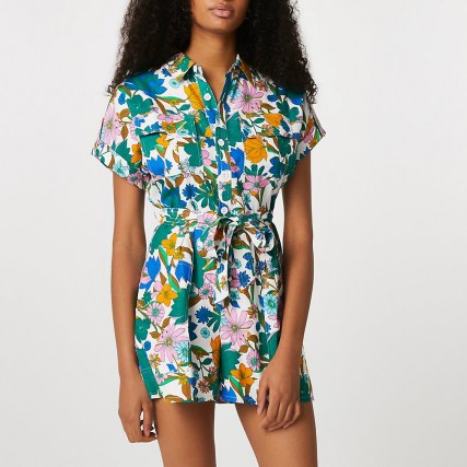 RIVER ISLAND Green floral printed utility playsuit ~ short sleeve summer playsuits - flipped