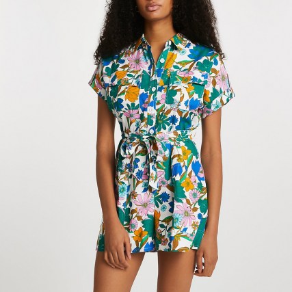 RIVER ISLAND Green floral printed utility playsuit ~ short sleeve summer playsuits