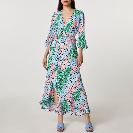 RIVER ISLAND Green long sleeve floral printed wrap dress - flipped