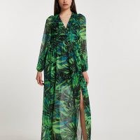RIVER ISLAND Green long sleeve tropical print maxi dress ~ long floaty summer dresses