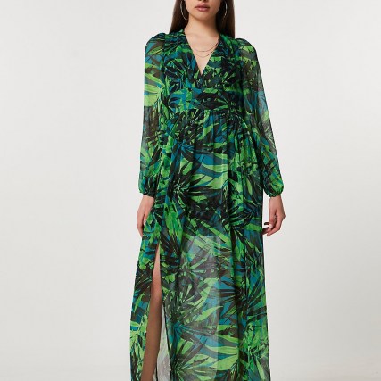 RIVER ISLAND Green long sleeve tropical print maxi dress ~ long floaty summer dresses - flipped
