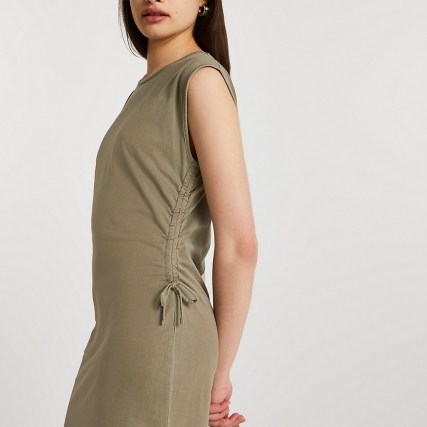 RIVER ISLAND Green ruched side midi t-shirt dress ~ gathered round neck tank dresses - flipped