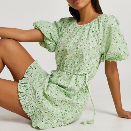 RIVER ISLAND Green short sleeve broderie mini dress ~ frill hem dresses with puff sleeves - flipped