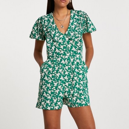 RIVER ISLAND Green short sleeve floral collared playsuit / summer playsuits - flipped
