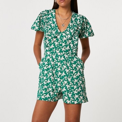 RIVER ISLAND Green short sleeve floral collared playsuit / summer playsuits