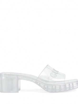 Gucci transparent rubber embossed logo slide sandals ~ clear block heel mules - flipped