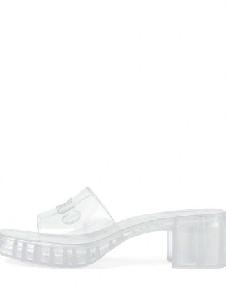 Gucci transparent rubber embossed logo slide sandals ~ clear block heel mules