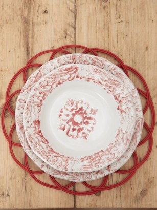 CABANA MAGAZINE Hand-painted stoneware soup dish ~ white and red dinner bowls ~ rustic style dinnerware - flipped