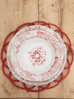CABANA MAGAZINE Hand-painted stoneware soup dish ~ white and red dinner bowls ~ rustic style dinnerware