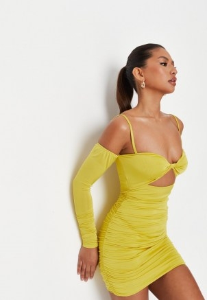 MISSGUIDED helena critchley edit chartreuse slinky twist front mini dress ~ ruched cut out bodycon dresses - flipped