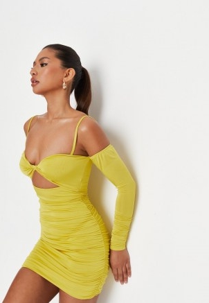 MISSGUIDED helena critchley edit chartreuse slinky twist front mini dress ~ ruched cut out bodycon dresses
