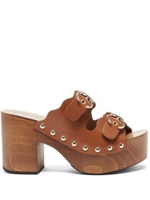 CHLOÉ Ingrid buckled-strap leather clogs ~ brown 70s style platform sandals ~ vintage look chunky platforms ~ retro footwear - flipped