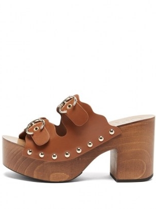 CHLOÉ Ingrid buckled-strap leather clogs ~ brown 70s style platform sandals ~ vintage look chunky platforms ~ retro footwear