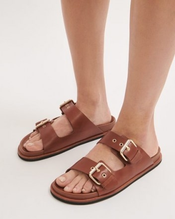 JIGSAW IVY LEATHER FOOTBED SLIDER ~ tan brown double strap slides - flipped